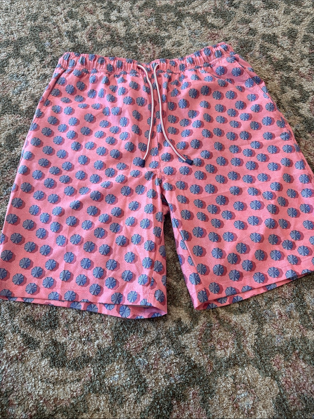 Peter Millar Pink Swim Trunks with Blue Shell Motif